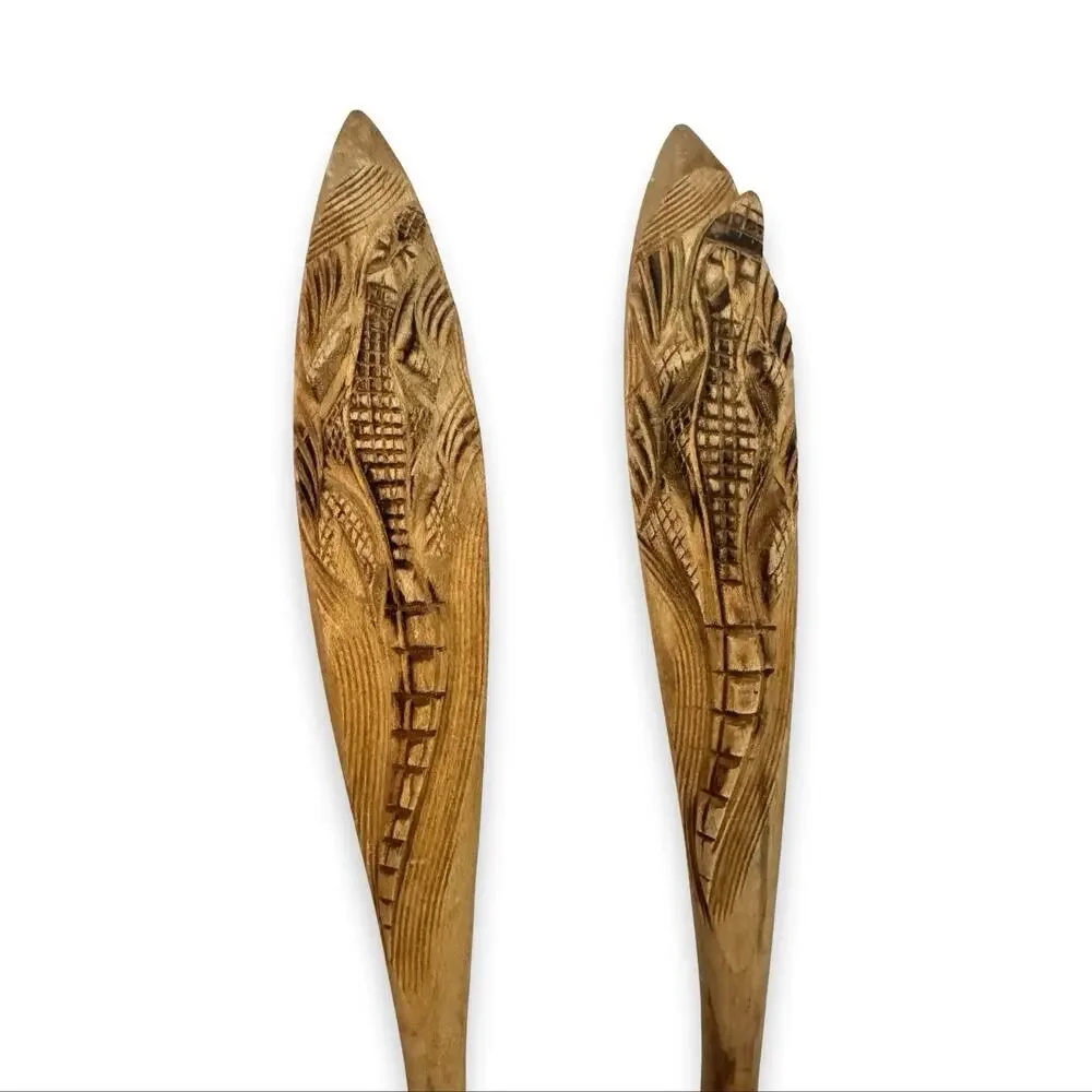 Vintage Hand Carved Wood Alligator Crocodile Salad Servers Fork Spoon 10”